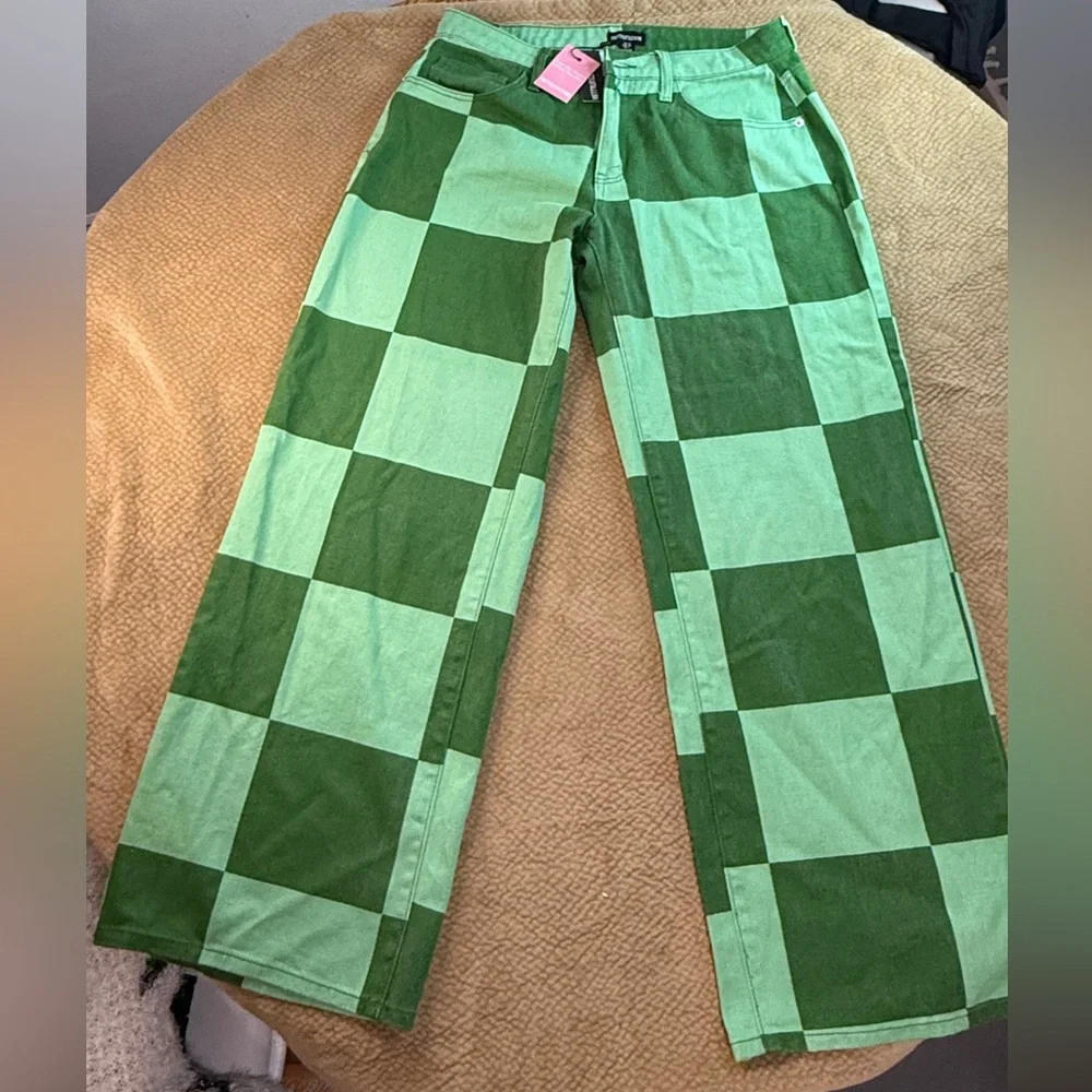 PrettyLittleThing Green and Mint Checkered Baggy boyfriend Pants new with tag - Picture 2 of 9